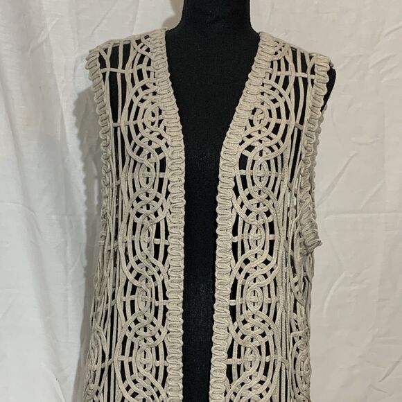 Crocheted Long Cardigan Beige Medium Large Sweater Boho - Picture 2 of 5